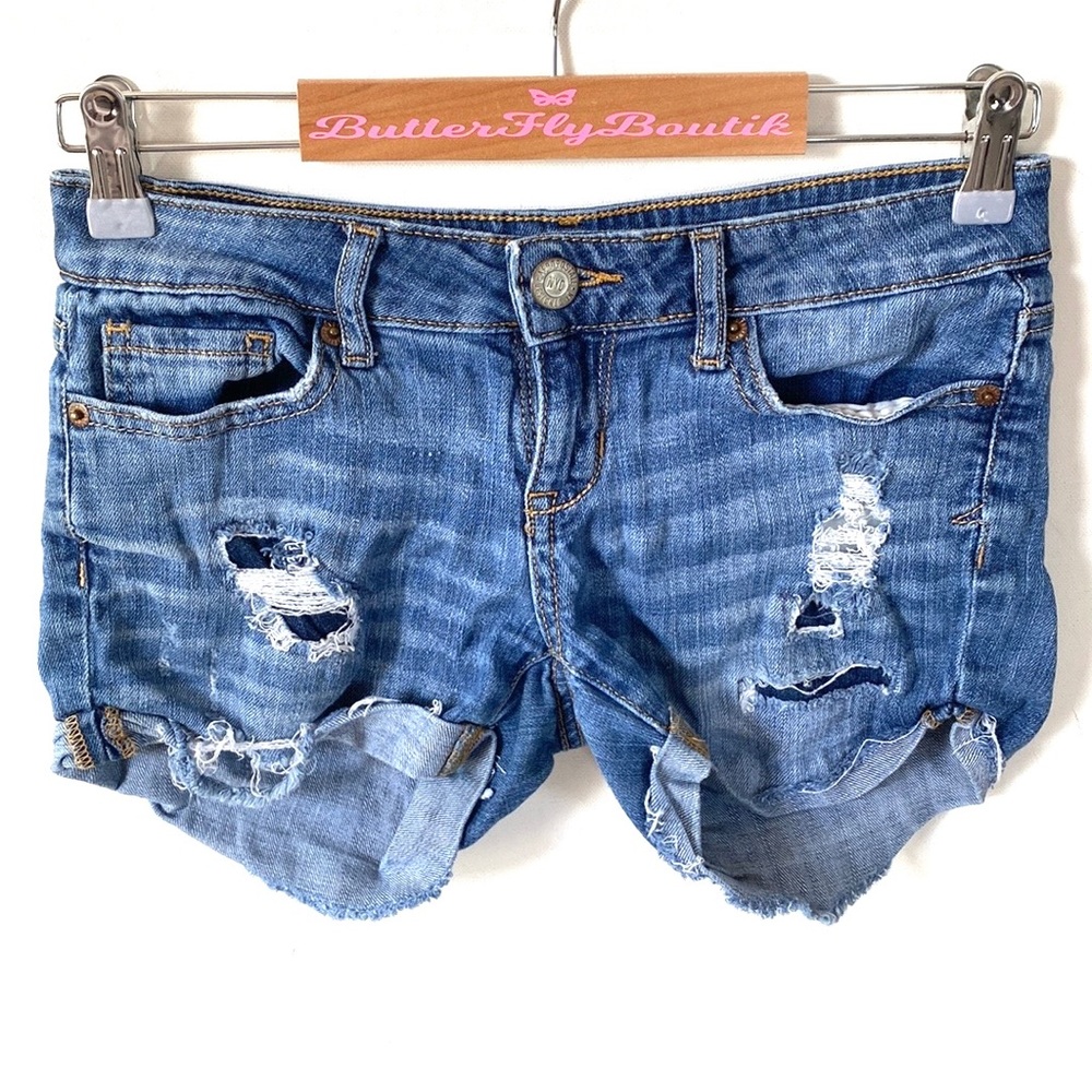 Aeropostale midi blue denim extra distressed shorts,‎ size 0